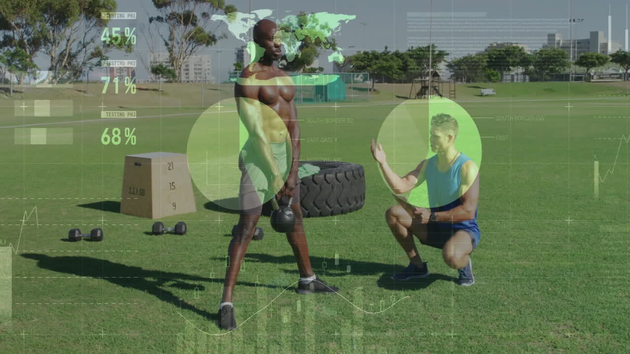 Lifting kettlebell outdoors, man guided by trainer with fitness animation overlay