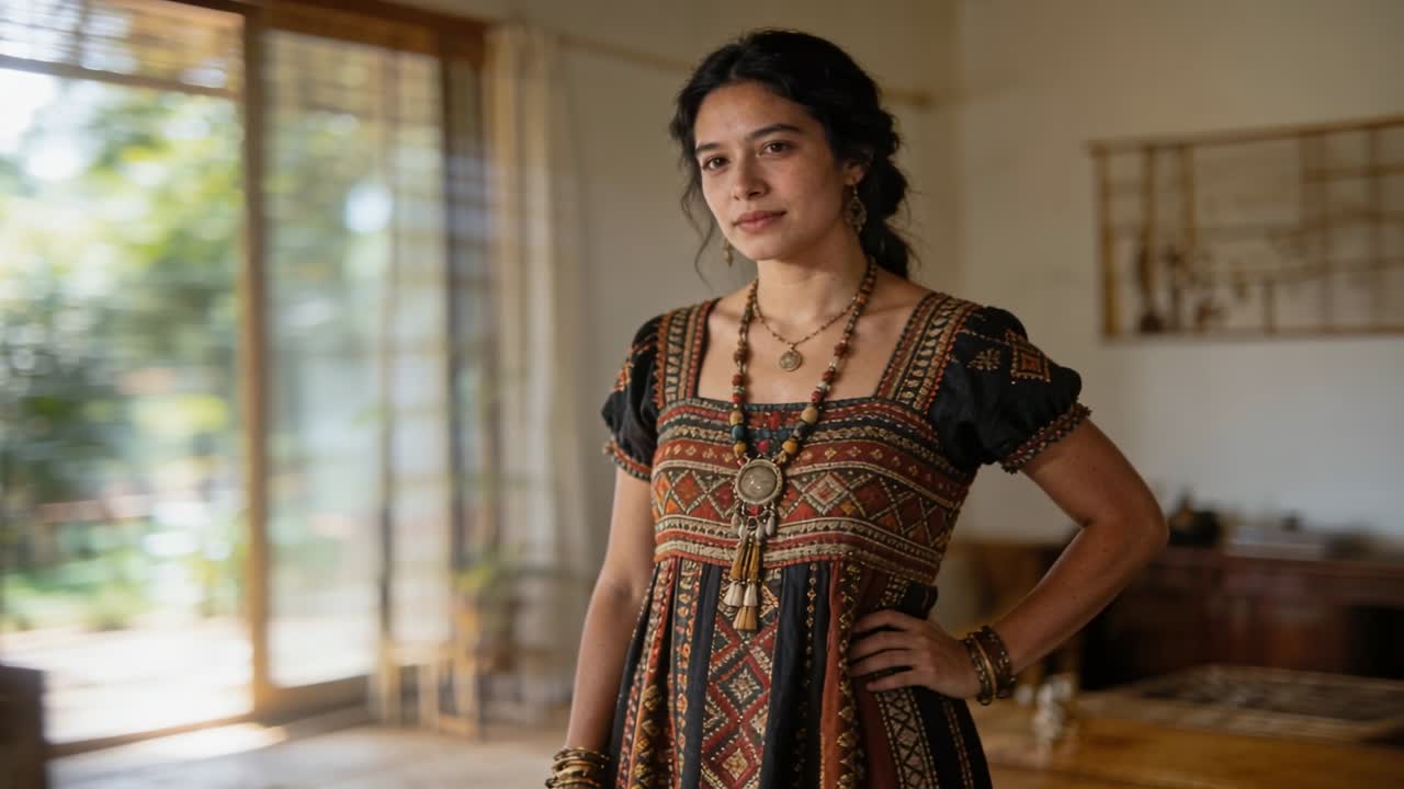 Reagindo à câmera que se aproxima, mulher de vestido boho ajustando a pose com joias perto de portas de vidro em casa.