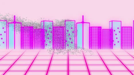 animation of digital human head over cityscape on on pink background