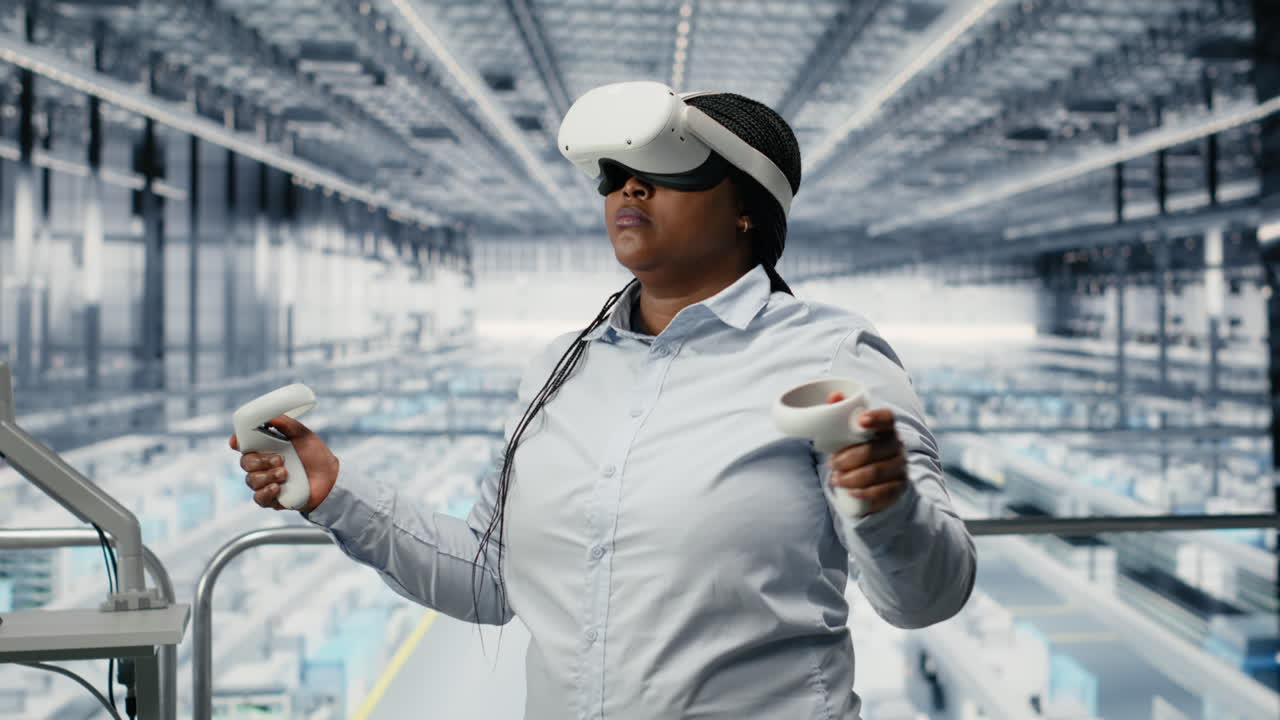 Woman reviews microchip factory equipment diagnostic readouts using VR