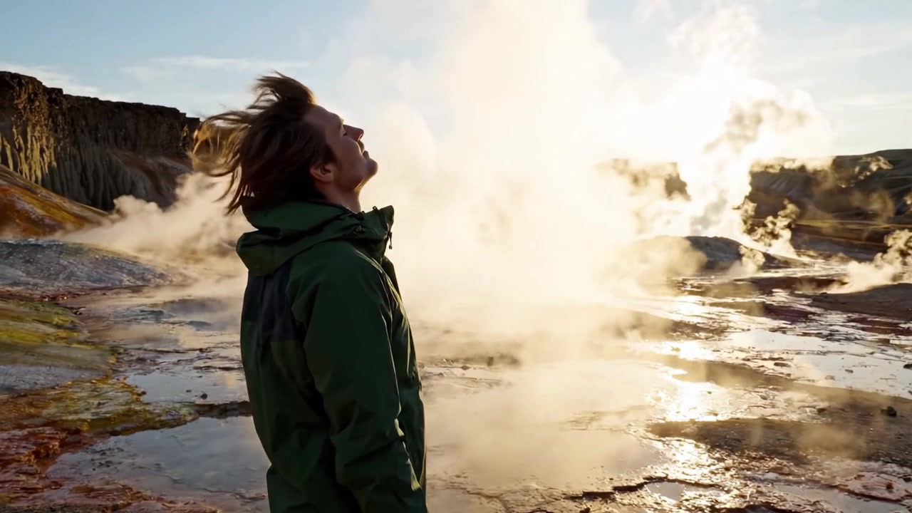 Un incontro mozzafiato con le meraviglie della natura: un escursionista che ammira paesaggi vulcanici e geyser tra vapore e il bagliore dell'alba.