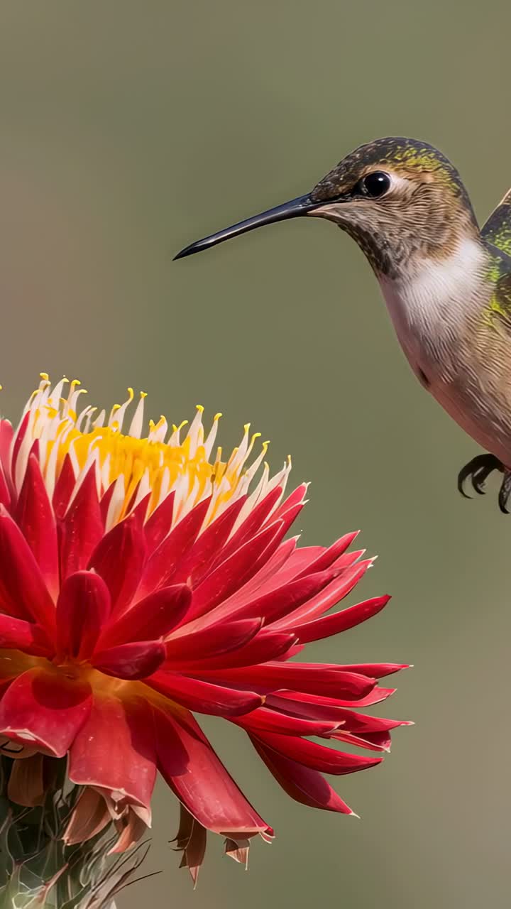 Video verticale: Individuando il nettare, un colibrì sonda il fiore con il lungo becco in giardino in cerca di nettare, spazio per il testo