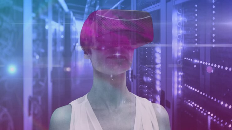 Animazione VR che mostra una donna in un'ambientazione cosmica con tema di rete globale.