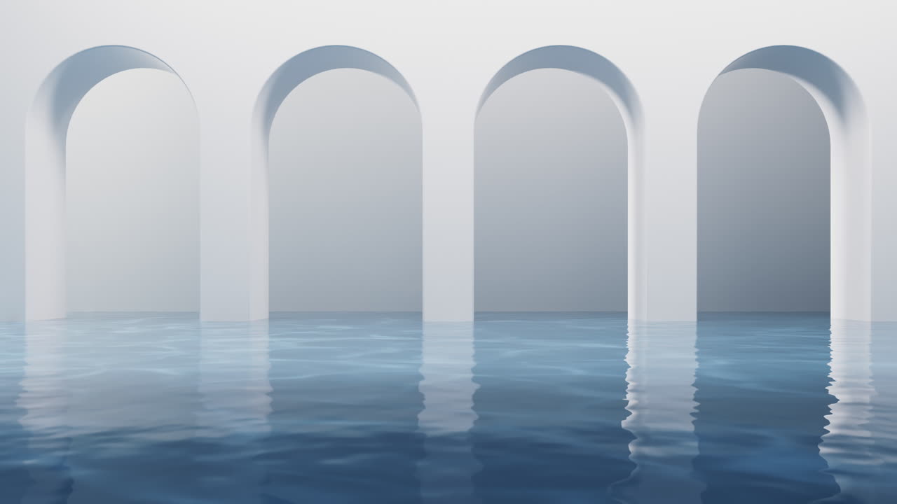 habitación brillante con superficie de agua, renderización en 3d.