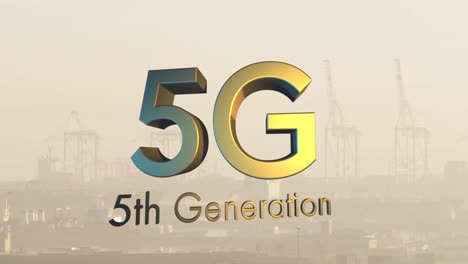 animation of 5g 5th generation text over cityscape