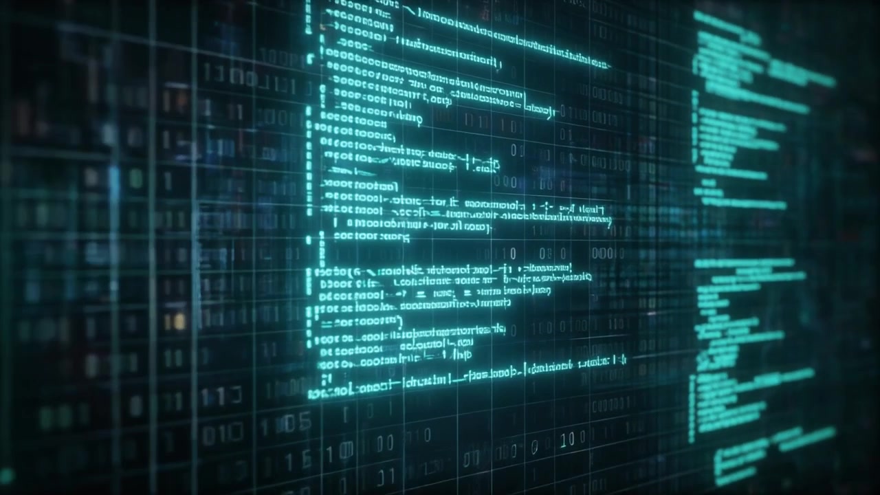 Digital Programming Code Scrolling on Dark Computer Screen