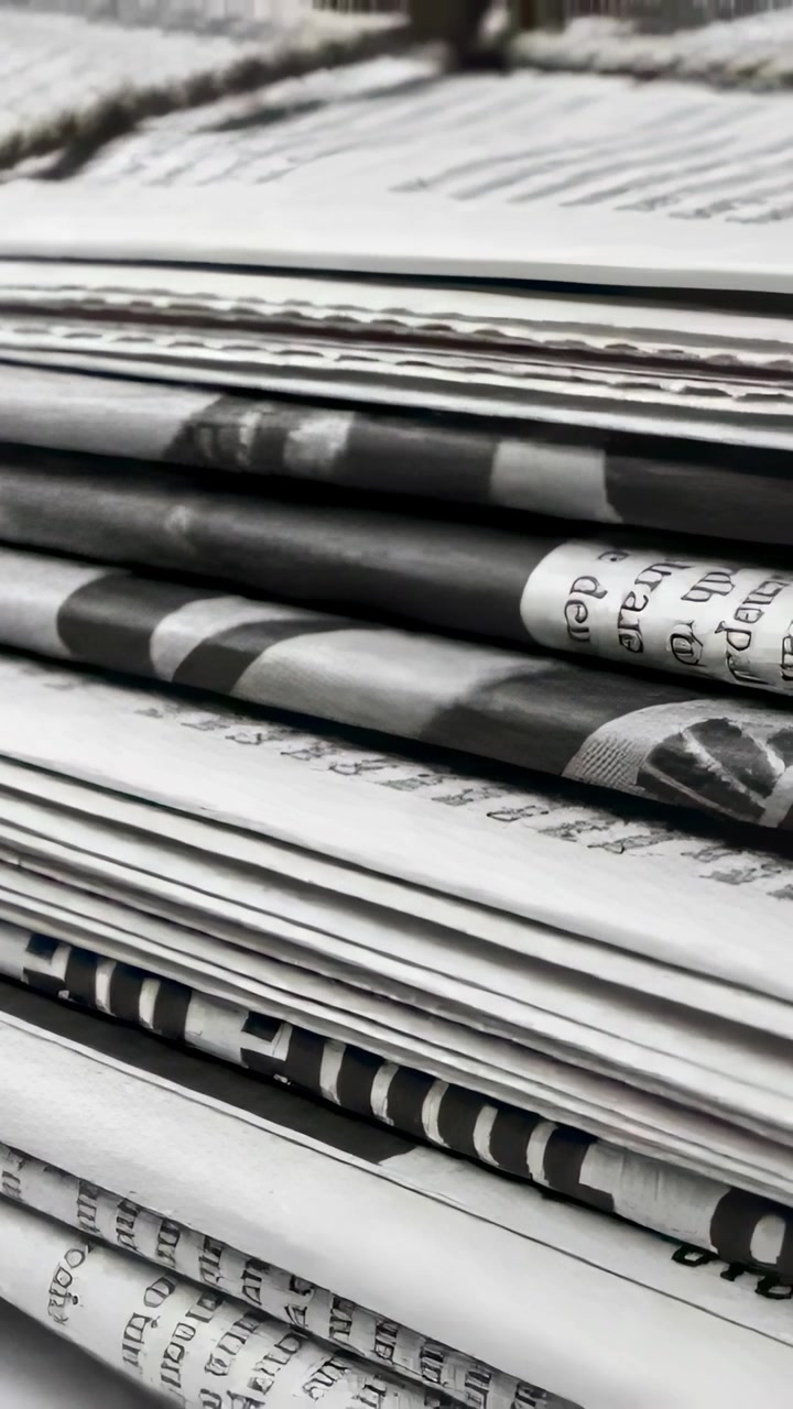 Vertical video: Shifting camera revealing stacked folded newspapers on tabletop, showing twine knot