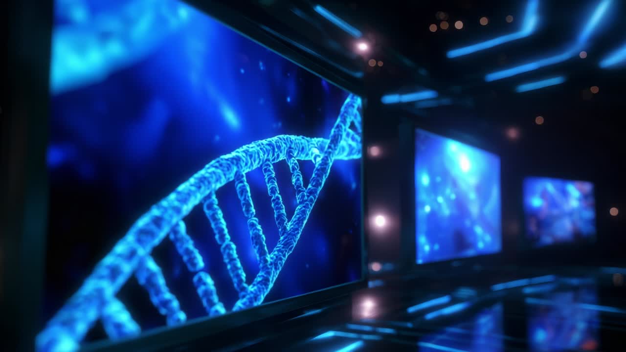 A stunning visual representation of DNA strands illuminated by blue light, showcasing the beauty of genetic structures within a futuristic digital backdrop, emphasizing the intricate details of biological science