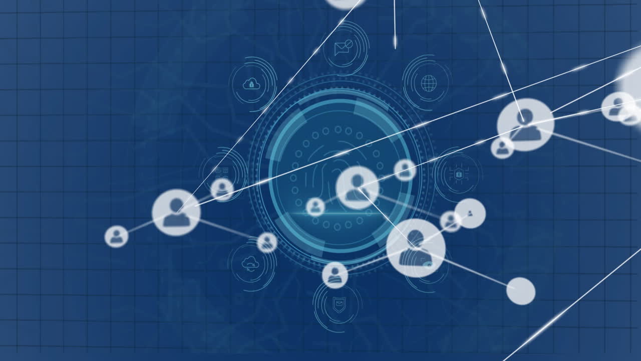 animación de la red de conexiones con iconos sobre el procesamiento de datos en fondo azul