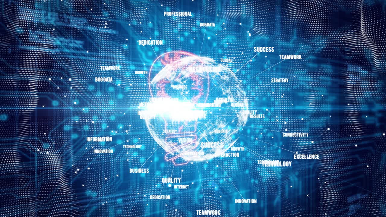 Animation of glowing globe surrounded by words like networking, success, innovation