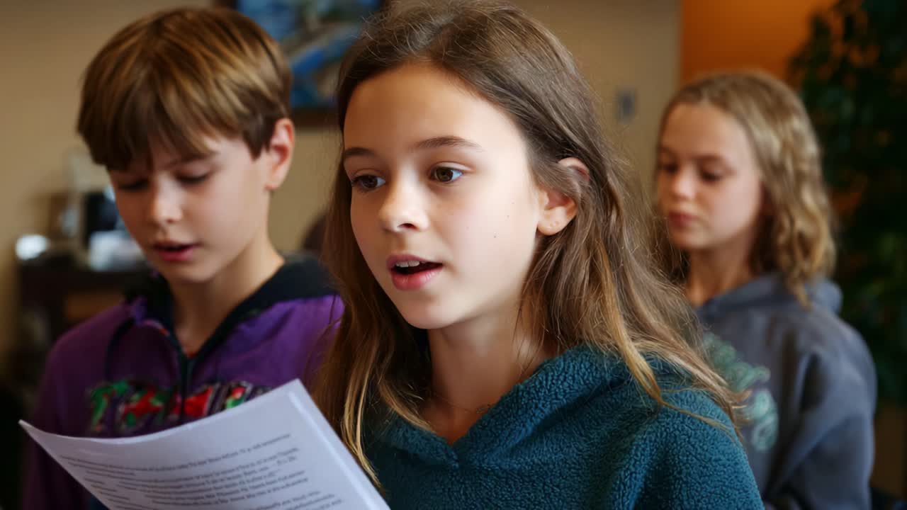 Voci giovani: una ragazza partecipa con sicurezza a un evento oratorio pubblico, supportata dai suoi pari, durante un'attività di gruppo in un ambiente interno informale