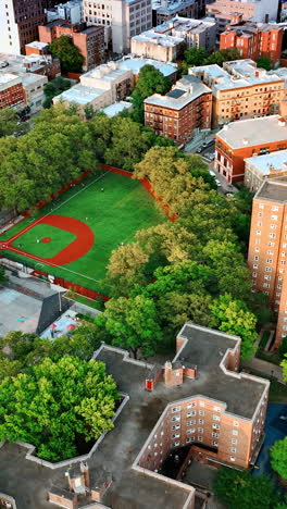 green residential area with multistoried buildings of unusual design. stadium for basketball games in the neighborhood. new york panorama. top view. vertical video
