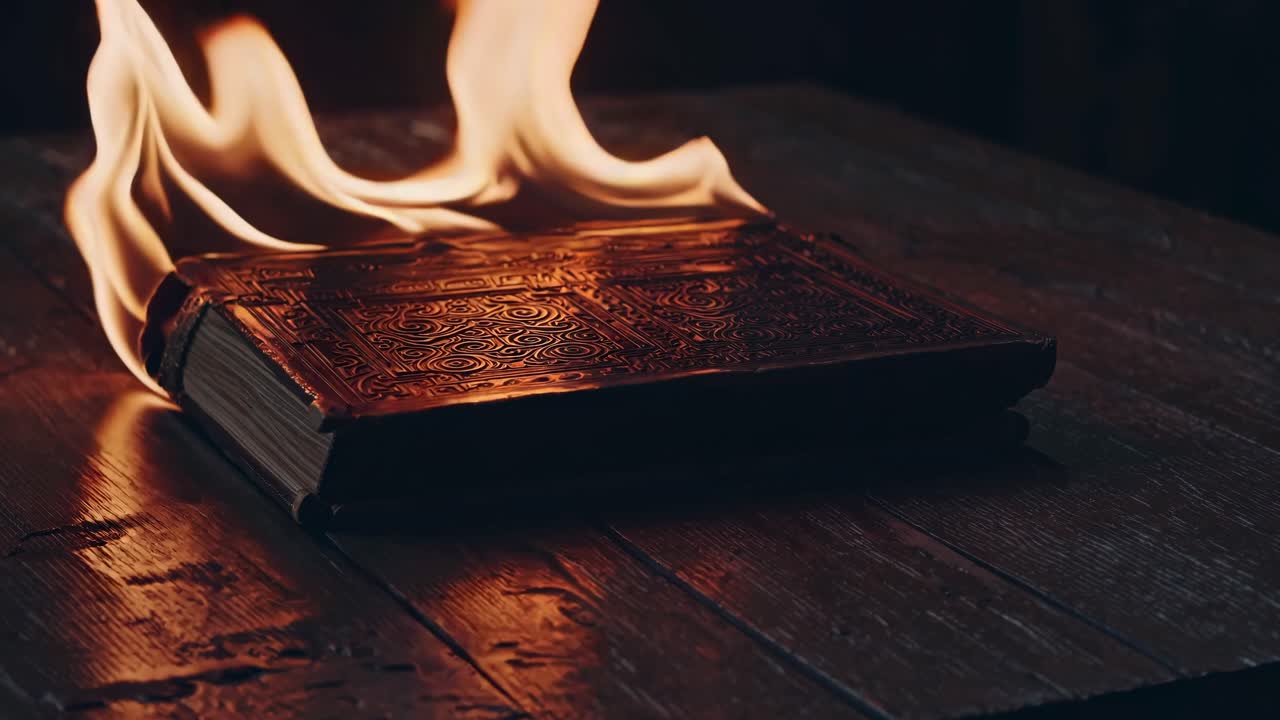 Un’immagine drammatica di un video che ritrae un libro in fiamme su un tavolo di legno, catturata da un angolo basso