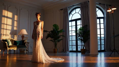 elegant woman in wedding dress in a luxurious interior