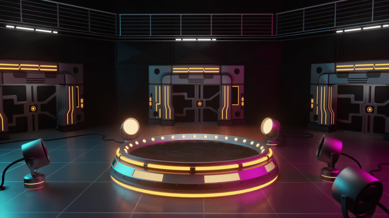 Animazione di elementi di gioco al neon con luci da palco e faretti che ruotano su sfondo nero