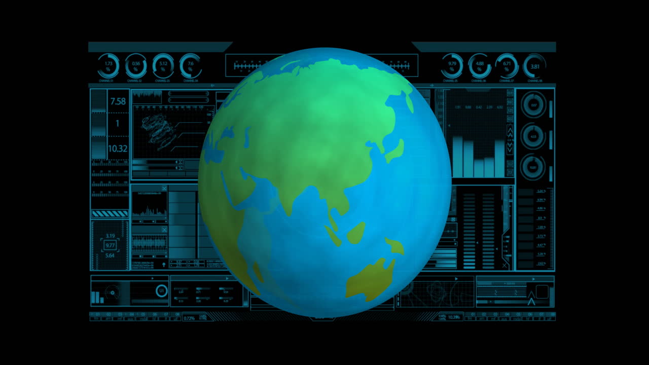 Rotating Earth animation over futuristic data interface with charts and graphs