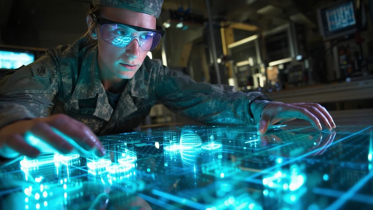 Soldier interacts with advanced holographic technology in command center