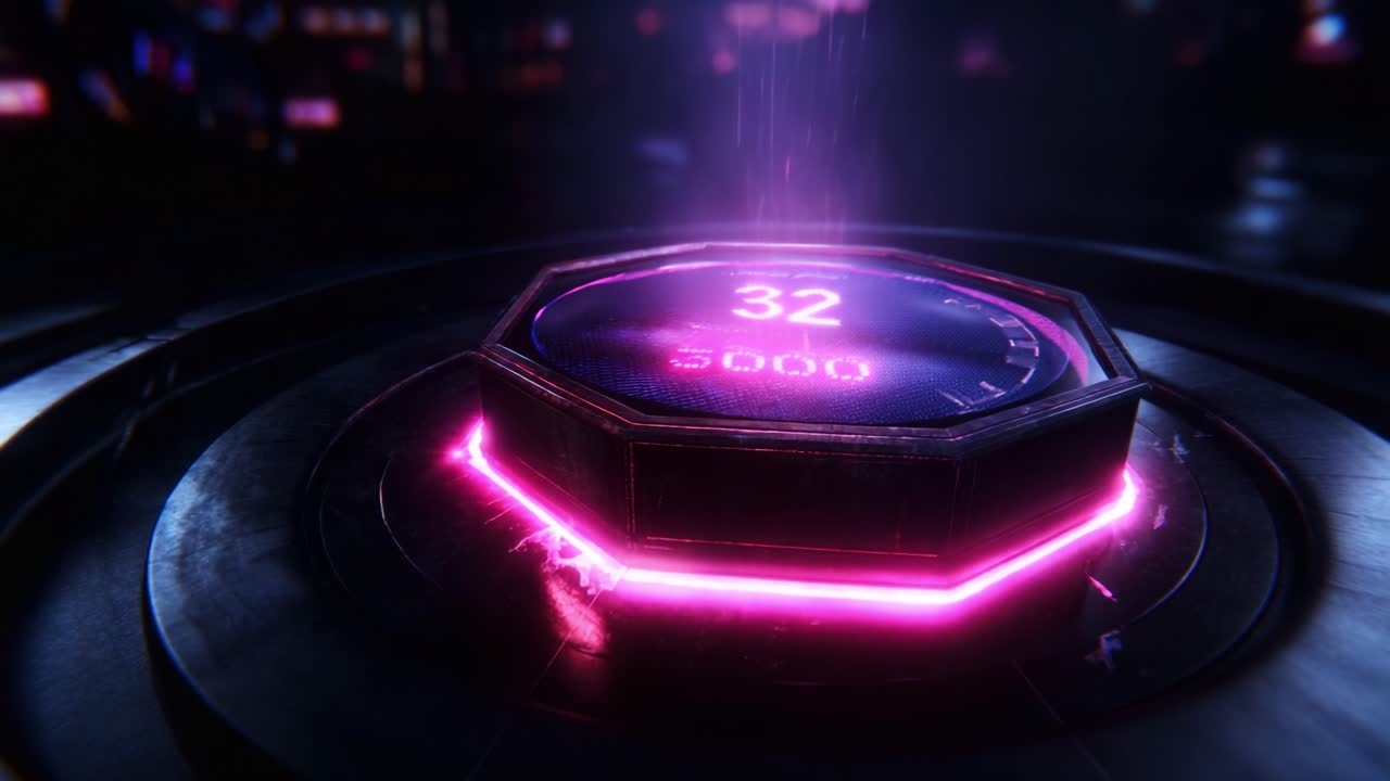 A futuristic display featuring a glowing octagonal platform with dynamic numbers, highlighting the transition from 30 to 36, surrounded by vibrant neon lights and misty effects