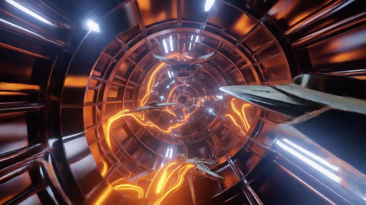 Astronavi futuristiche che volano attraverso un tunnel metallico luminoso