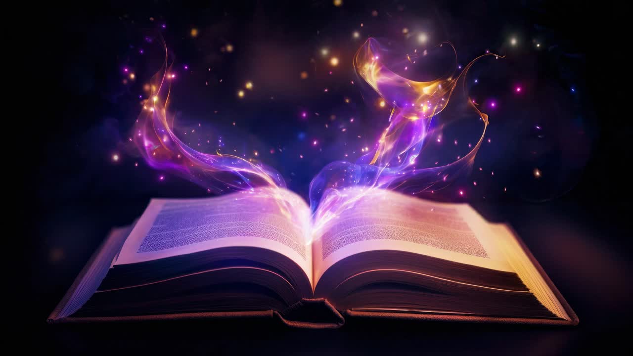 A magical book emits glowing purple and orange swirls. Captured from a low angle, this fantasy style