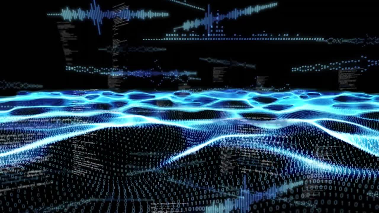 Animation of data, waves, dots and black background