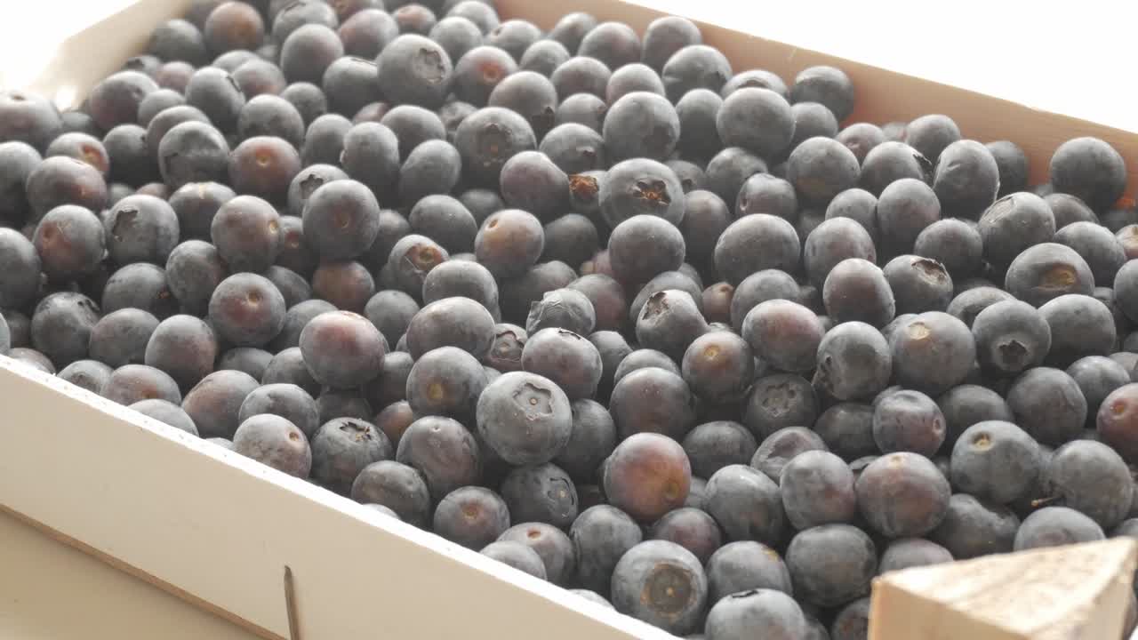 Fresh blueberries in a wooden crate evoke rustic, healthy living