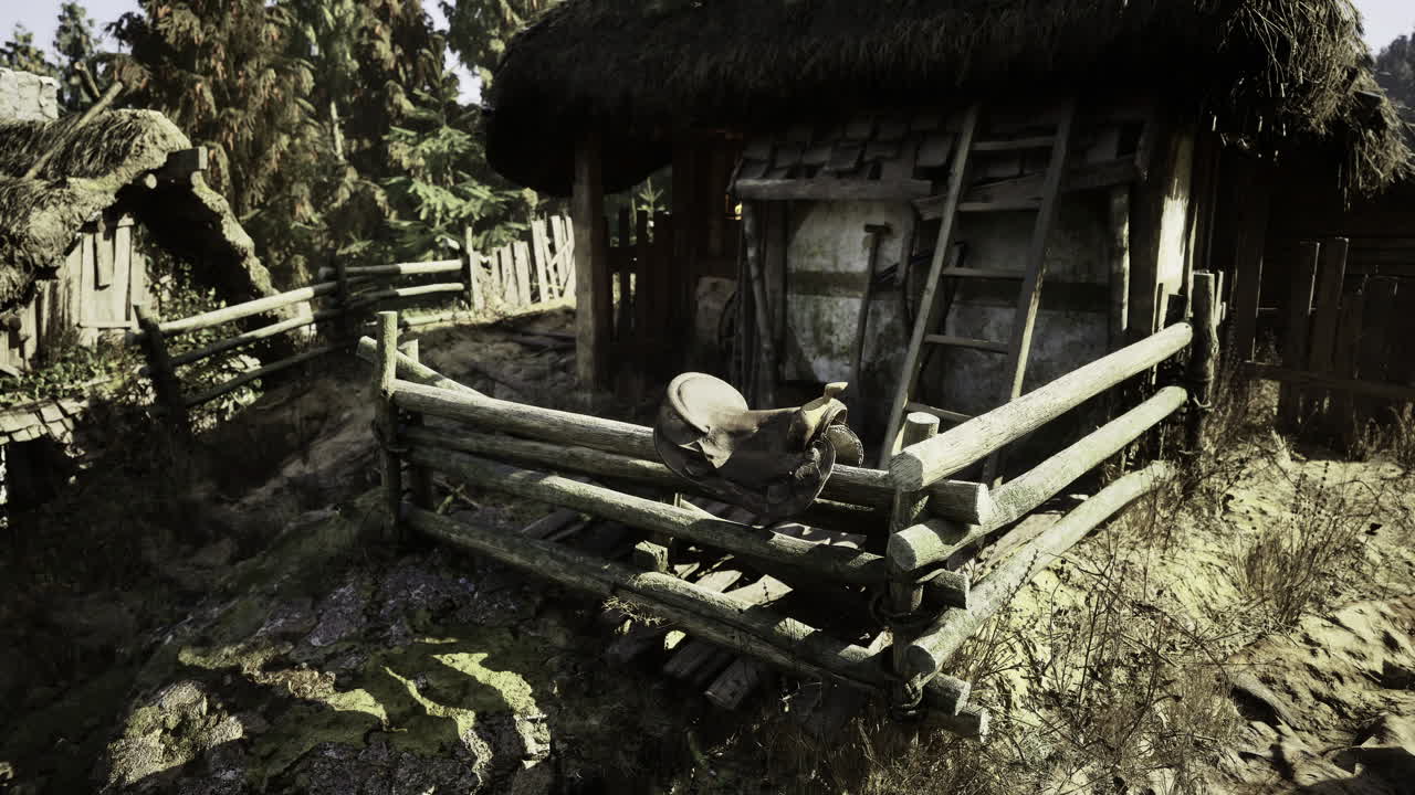 Rustic homestead with moss covered fence and old wooden structure in nature