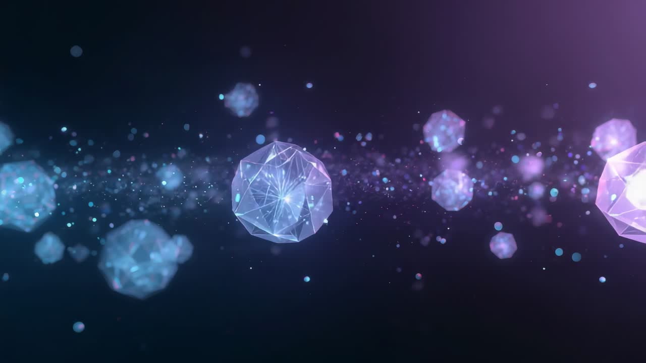 Sfera sfaccettata e trasparente che si muove lungo una fascia di particelle nel vuoto, luce viola sul bordo che causa il centraggio
