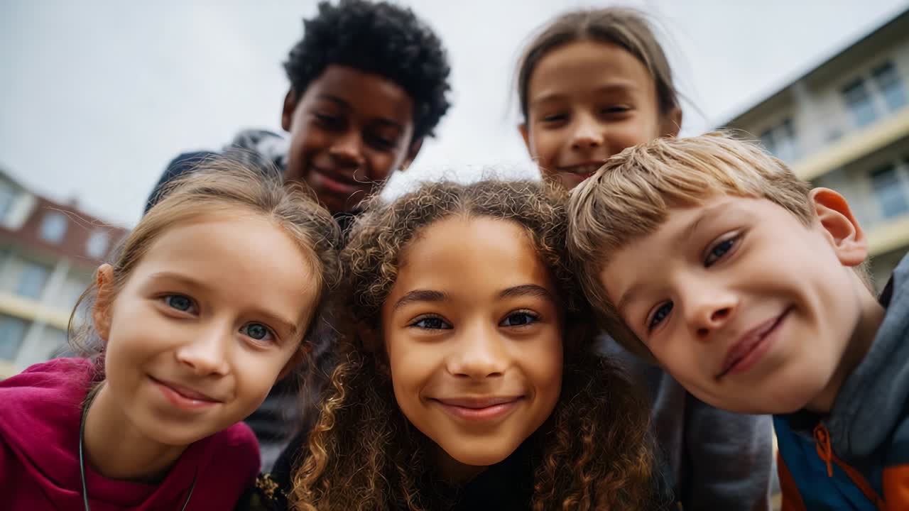 A joyful group of diverse children smiles brightly at the camera, showcasing the beauty of friendship and unity, as they gather together in a playful moment filled with genuine laughter and happiness