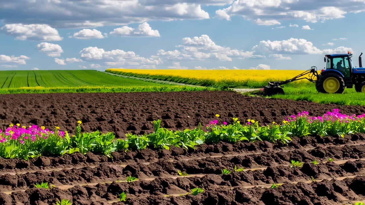 Tractor working in a vibrant agricultural field with blooming yellow and green crops under a sunny sky