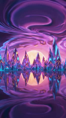 crystal mountains reflecting in a purple moonlit landscape