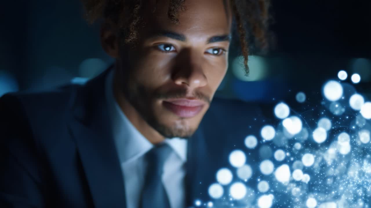 Un individuo concentrato analizza flussi di dati mistici che rappresentano la tecnologia di notte, combinando l'emozione con elementi high-tech per ottenere intuizioni innovative