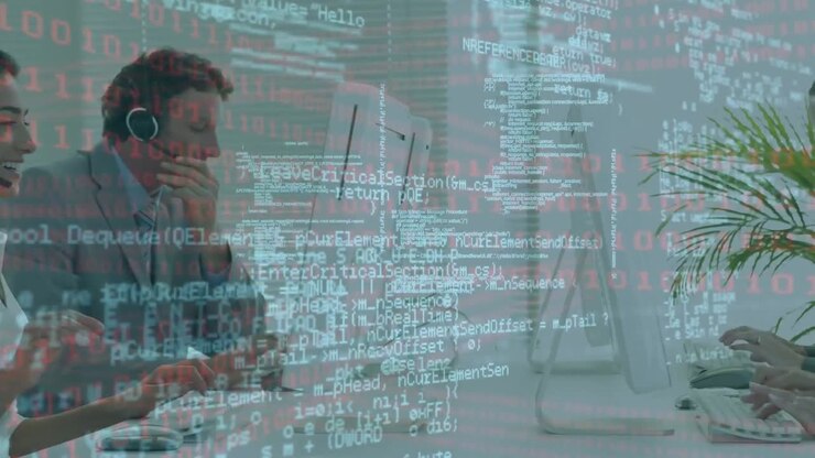 Animation der Datenverarbeitung über Geschäftsleute mit Telefon-Headsets