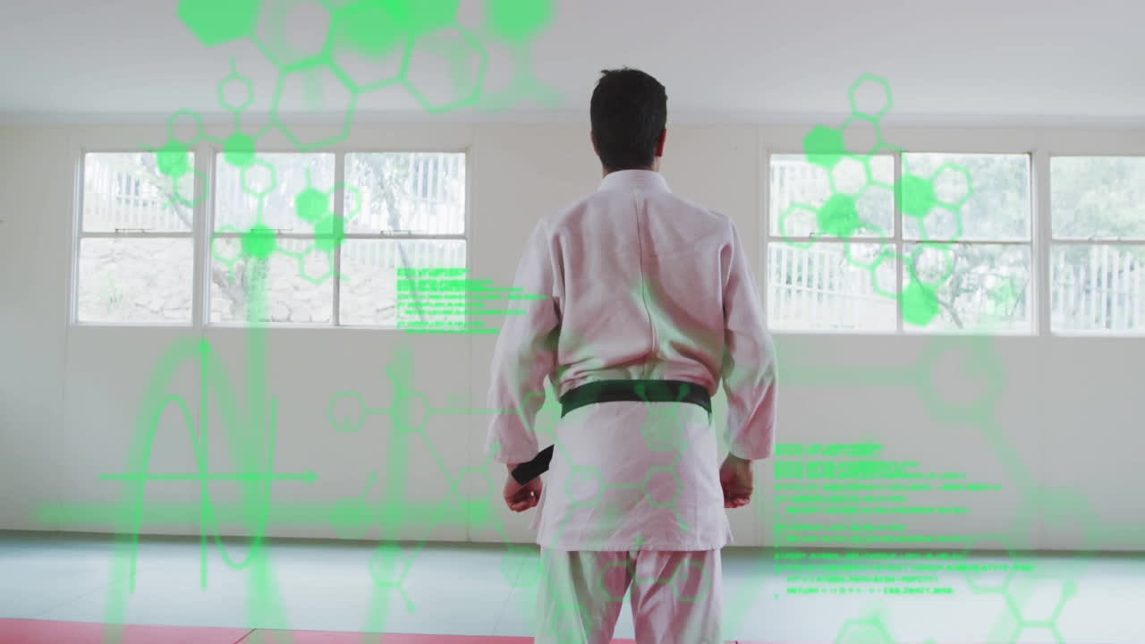Martial artist in white uniform with green belt, processing scientific data animation