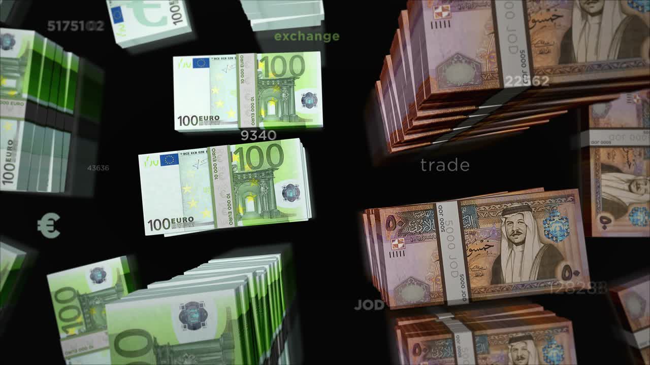 유로와 요르단 디나르 화폐 교환 루프 애니메이션