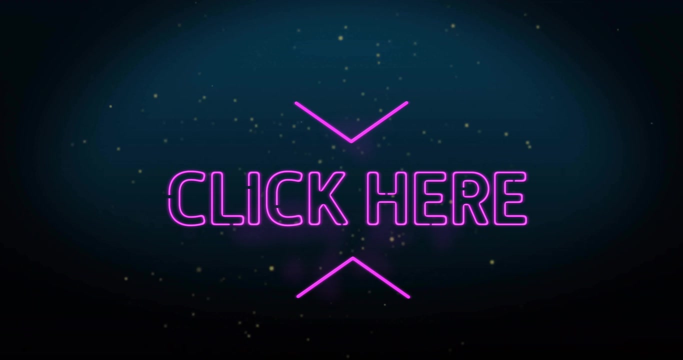 루프 시작: 네온 'CLICK HERE'가 화살표 박동과 함께 서서히 사라지고, 입자들이 떠다니며 프롬프트를 강조함