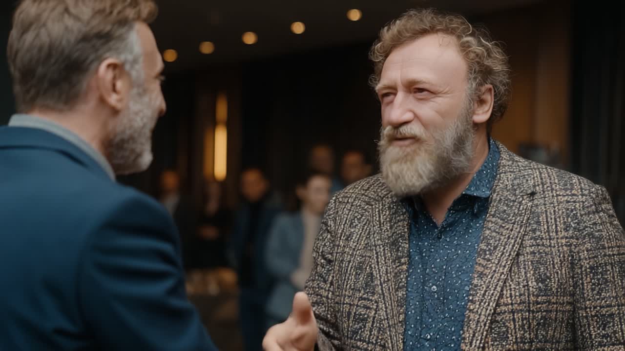 Un accueil chaleureux : Deux amis se retrouvent et partagent un moment joyeux lors d'un rassemblement social, soulignant l'amitié et la connexion par un sourire sincère et une poignée de main.
