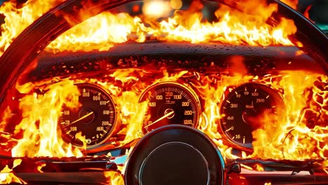 a car dashboard with flames coming out of it