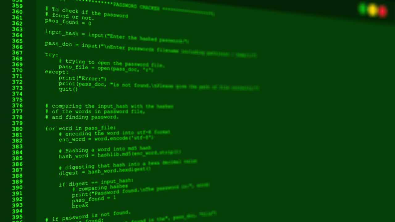 Cyberbeveiligingsconcept met hackerscode op computerscherm in 4K-resolutie.