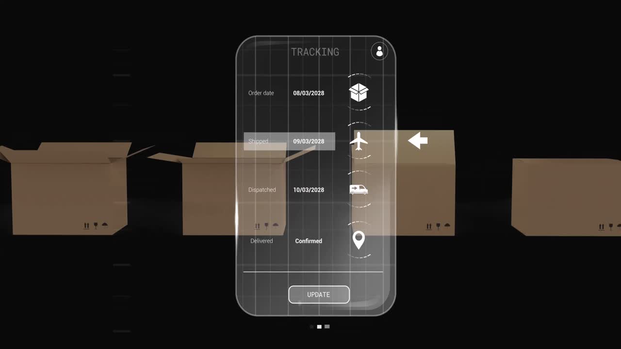 animación de la interfaz digital con iconos y procesamiento de datos sobre cajas sobre fondo negro