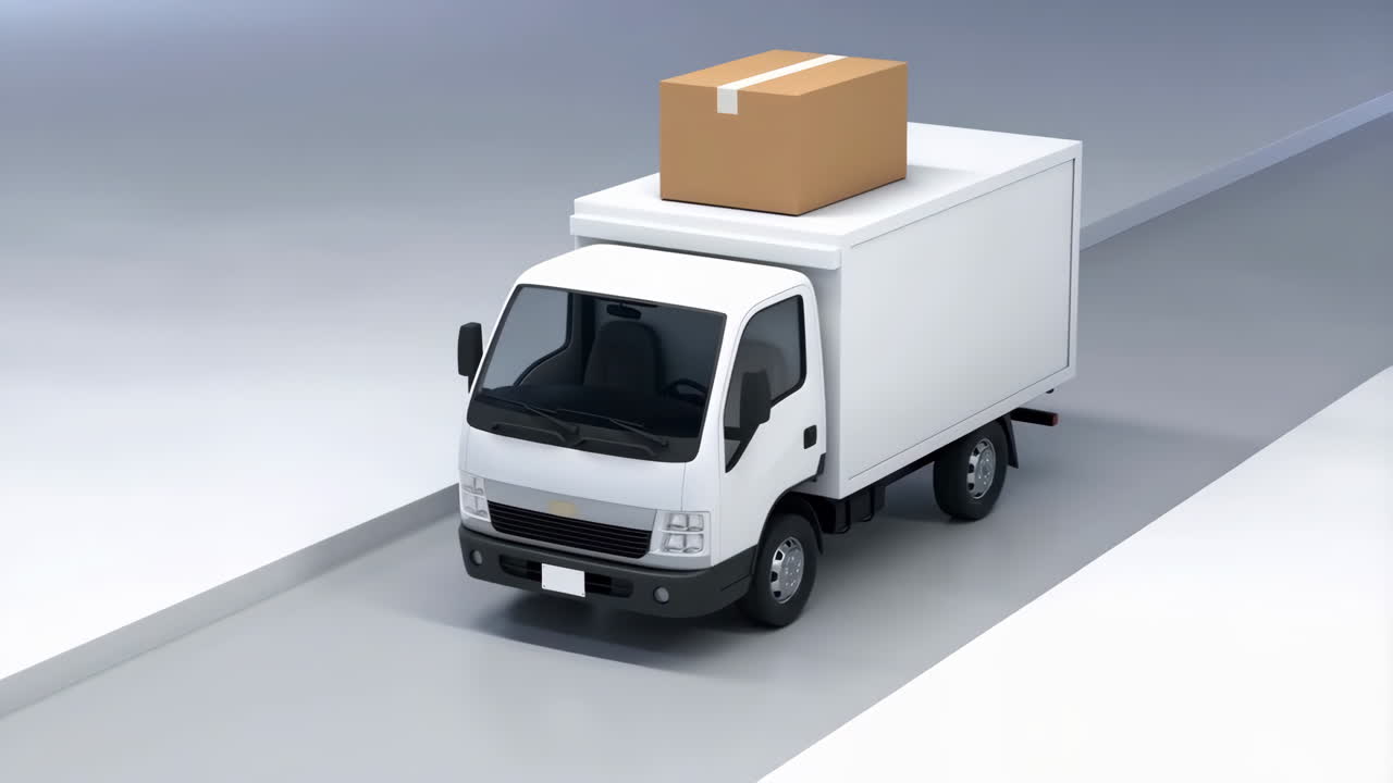 White Delivery Truck with Cardboard Box on Roof