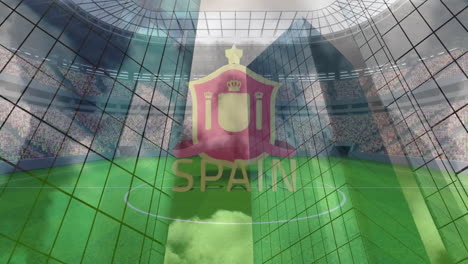 spanish coat of arms and spain text floating over 3d render soccer pitch, showcasing goal net