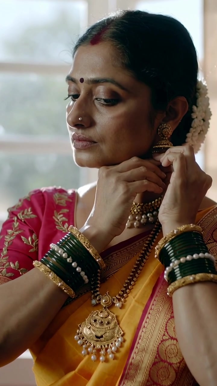 Video verticale: Preparazione per la puja, una donna in sari si sistema jhumka e choker alla finestra.
