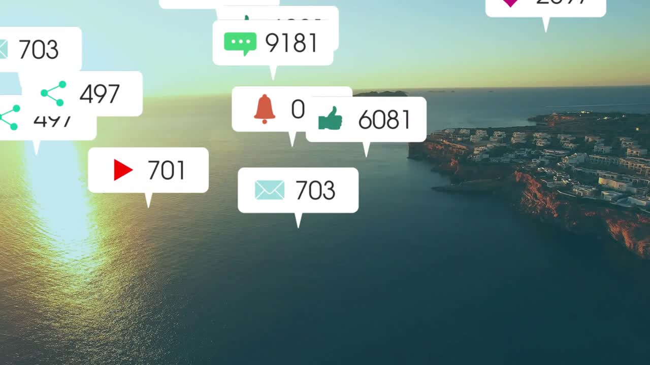 Drone rising over coast notification icons appearing, drifting, fading visualizing engagement
