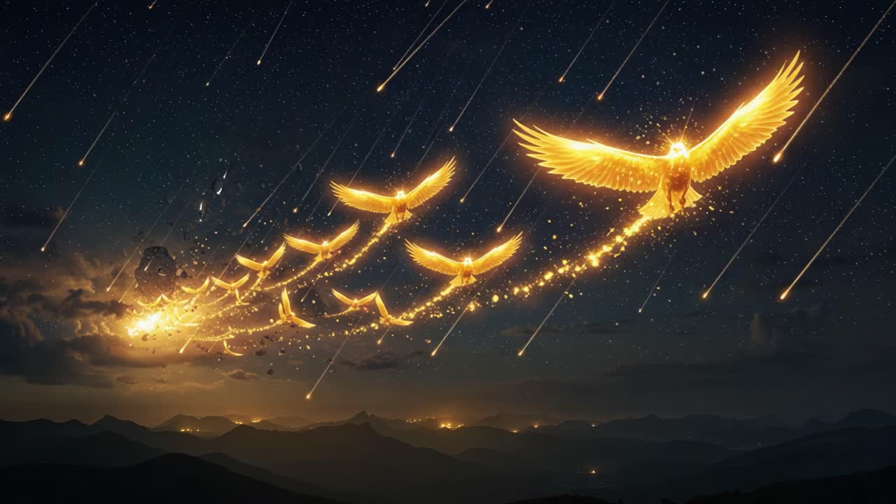 A Captivating Display of Celestial Golden Phoenixes Soaring Through the Night Sky, Illuminated by Shooting Stars and Cosmic Magic in a Majestic Landscape