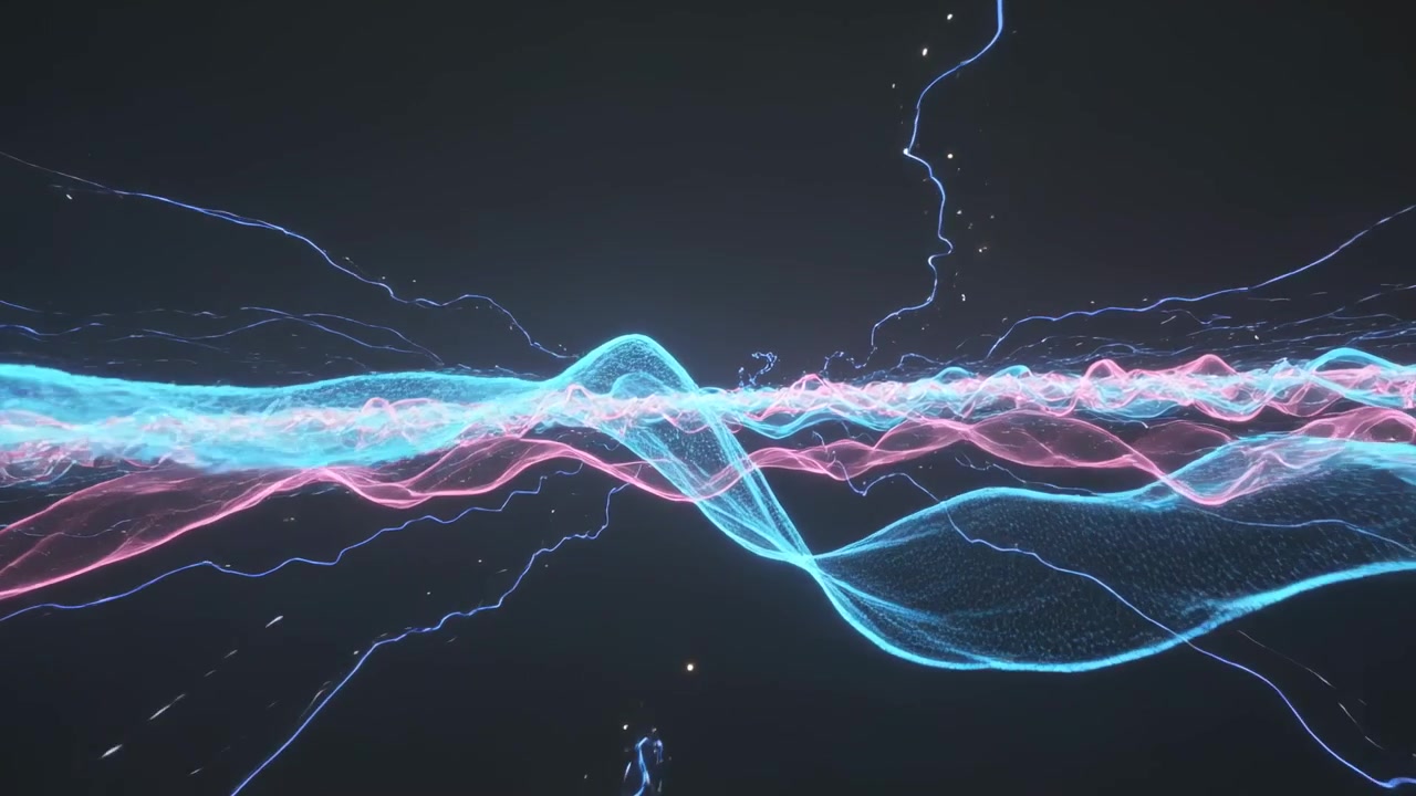 Waving braided cyan and pink ribbons moving in 3D void, timeline starting, emitting electric arcs