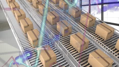 animation of statistics processing over cardboard boxes on conveyor belts