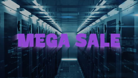 animation of mega sale text and computer language over data server room