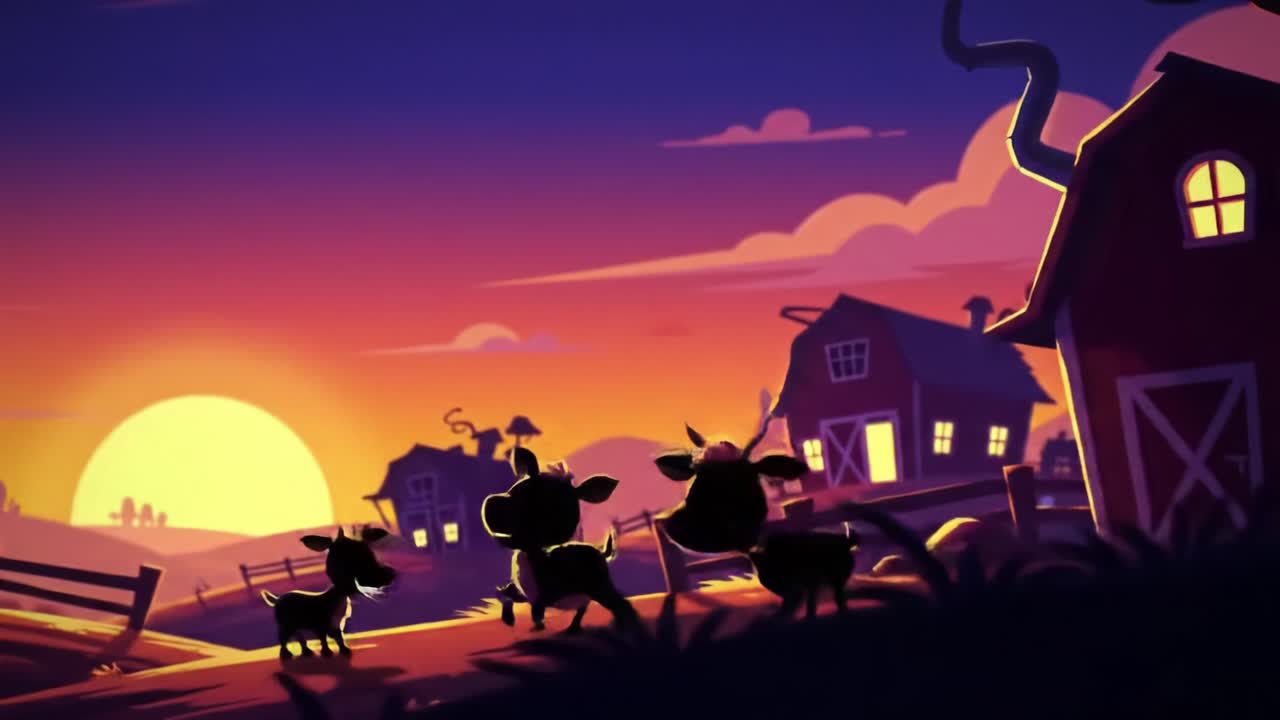 A Serene Sunset Scene Featuring Silhouetted Animals Walking Towards a Cozy Barn Amidst a Vibrant Farm Landscape with Rolling Hills and Colorful Sky