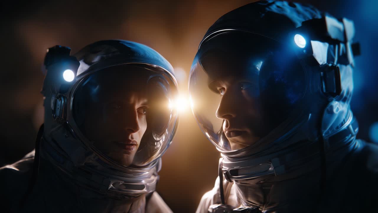 To astronauter i rumhjelme i en intens samtale mod en fantastisk kosmisk baggrund med dramatiske lyseffekter.